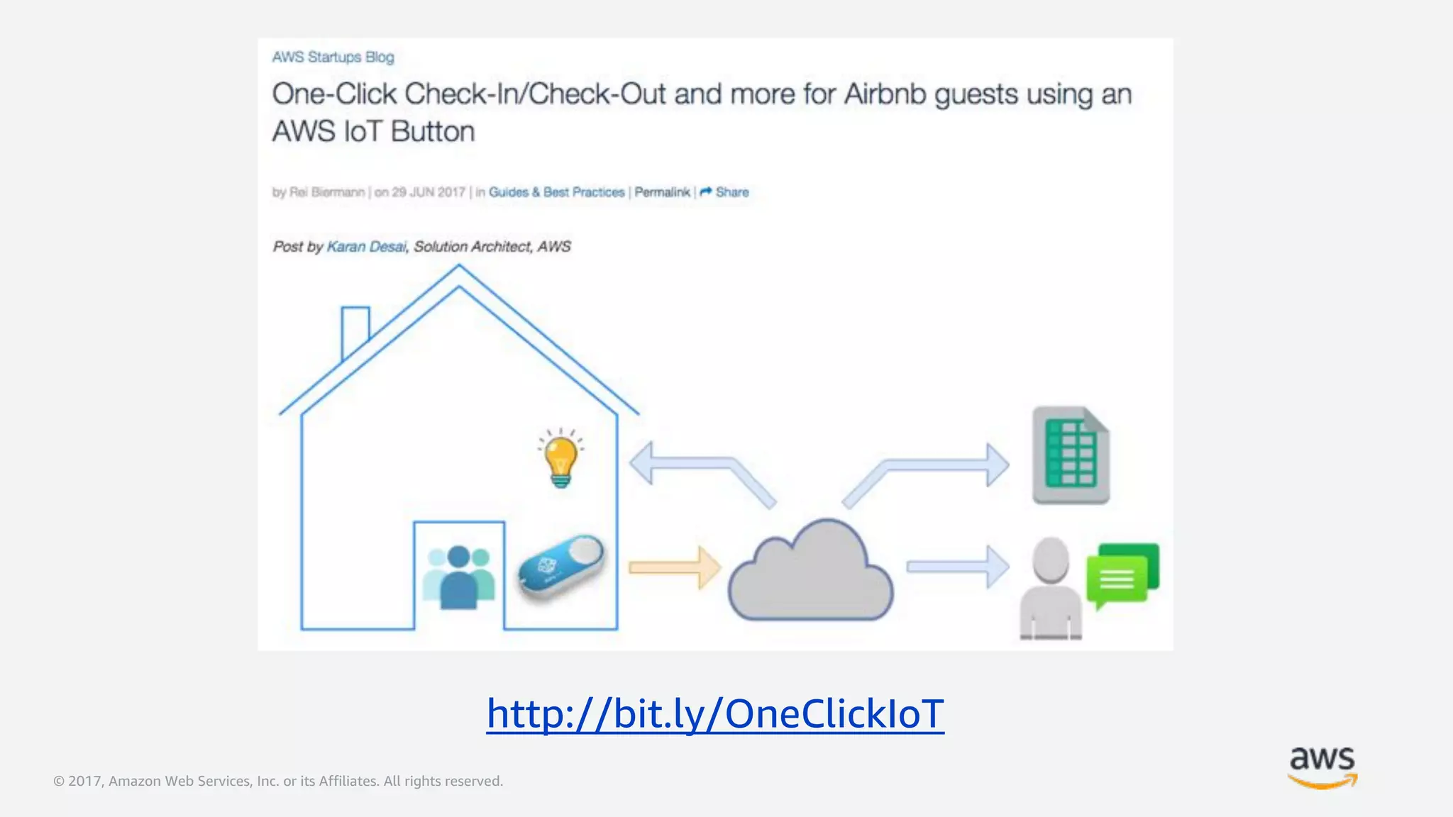 © 2017, Amazon Web Services, Inc. or its Affiliates. All rights reserved.
http://bit.ly/OneClickIoT
 