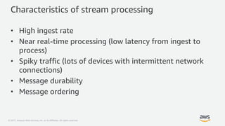 © 2017, Amazon Web Services, Inc. or its Affiliates. All rights reserved.
Characteristics of stream processing
• High ingest rate
• Near real-time processing (low latency from ingest to
process)
• Spiky traffic (lots of devices with intermittent network
connections)
• Message durability
• Message ordering
 