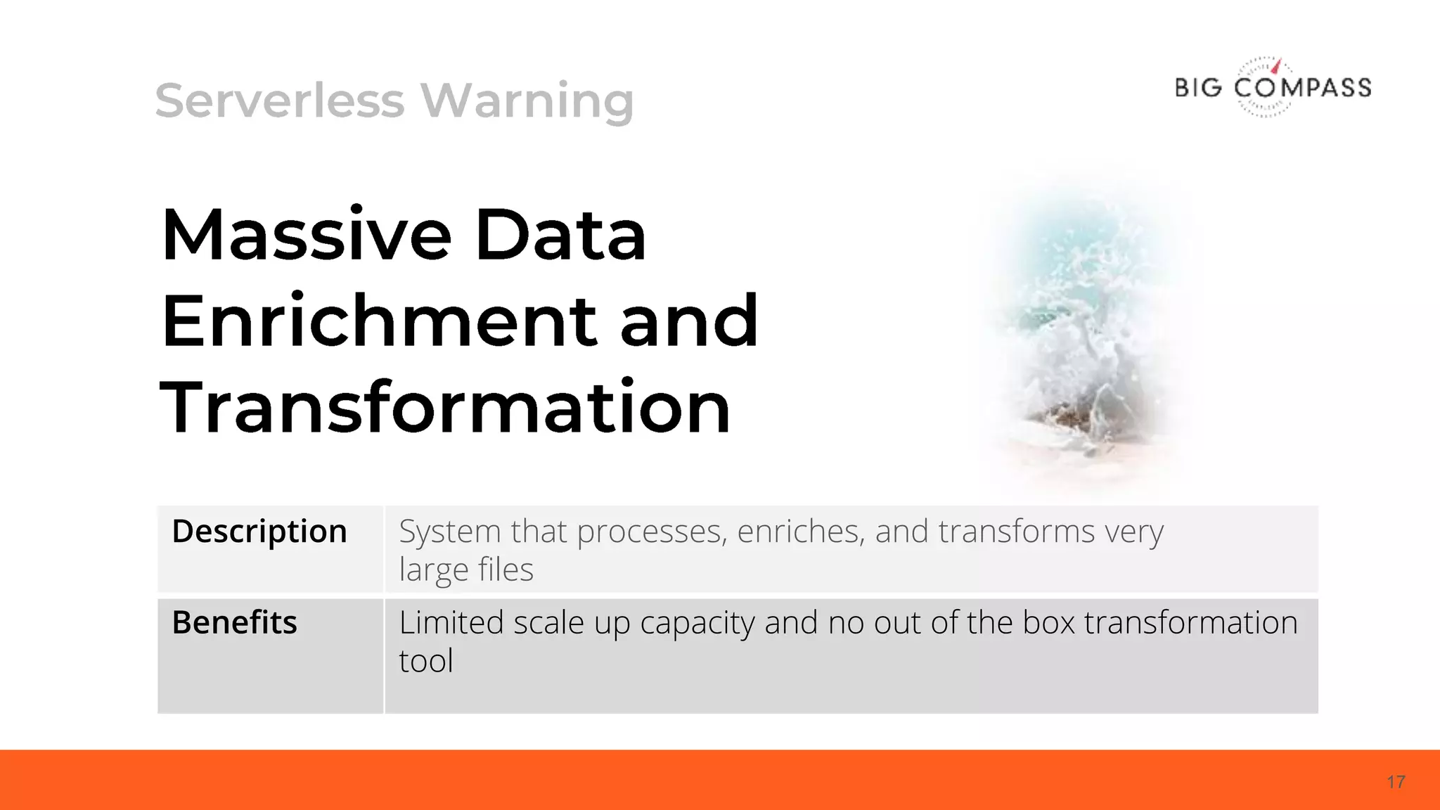 17
Description System that processes, enriches, and transforms very
large files
Benefits Limited scale up capacity and no out of the box transformation
tool
 