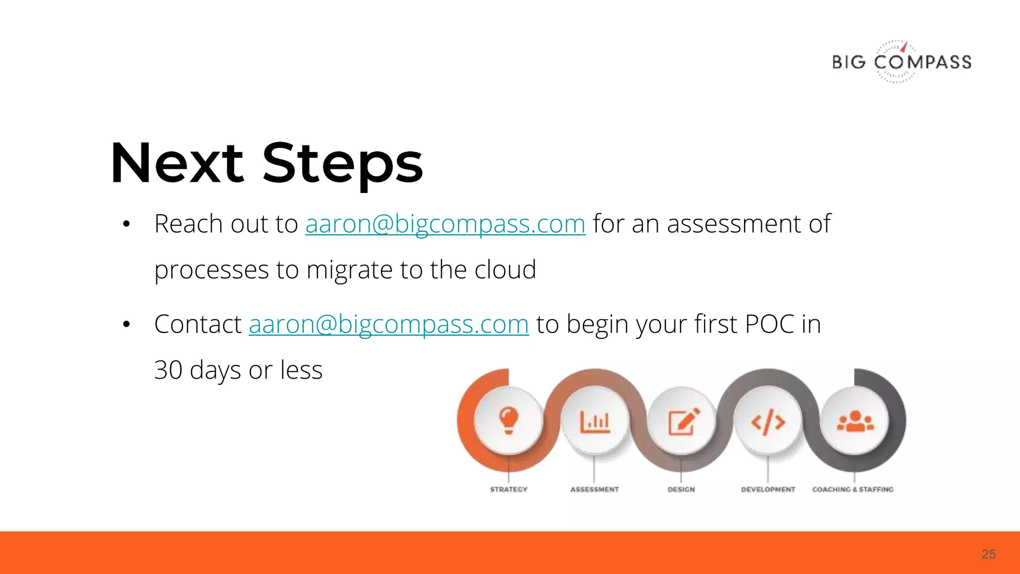 25
• Reach out to aaron@bigcompass.com for an assessment of
processes to migrate to the cloud
• Contact aaron@bigcompass.com to begin your first POC in
30 days or less
 