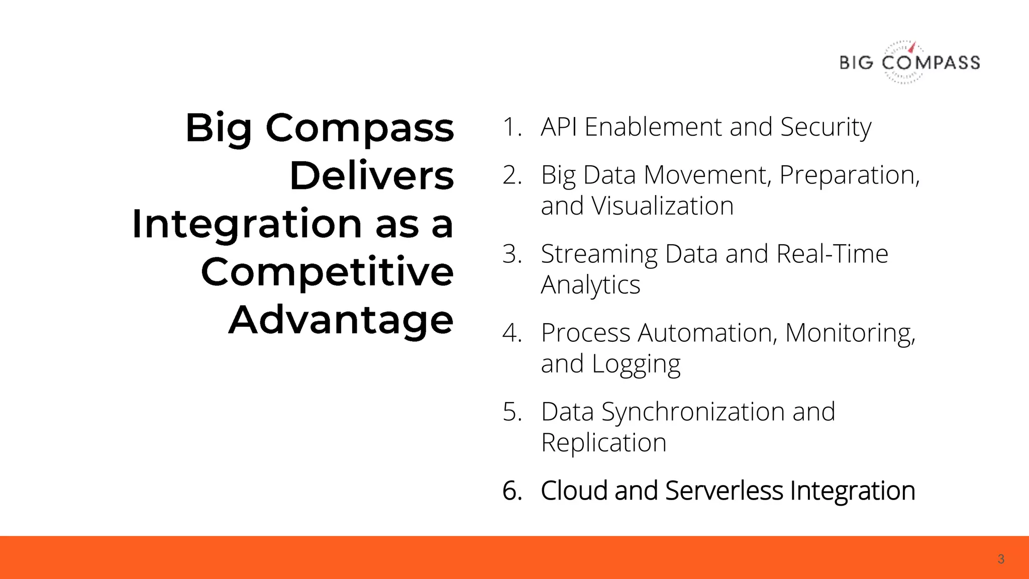 3
1. API Enablement and Security
2. Big Data Movement, Preparation,
and Visualization
3. Streaming Data and Real-Time
Analytics
4. Process Automation, Monitoring,
and Logging
5. Data Synchronization and
Replication
6. Cloud and Serverless Integration
 