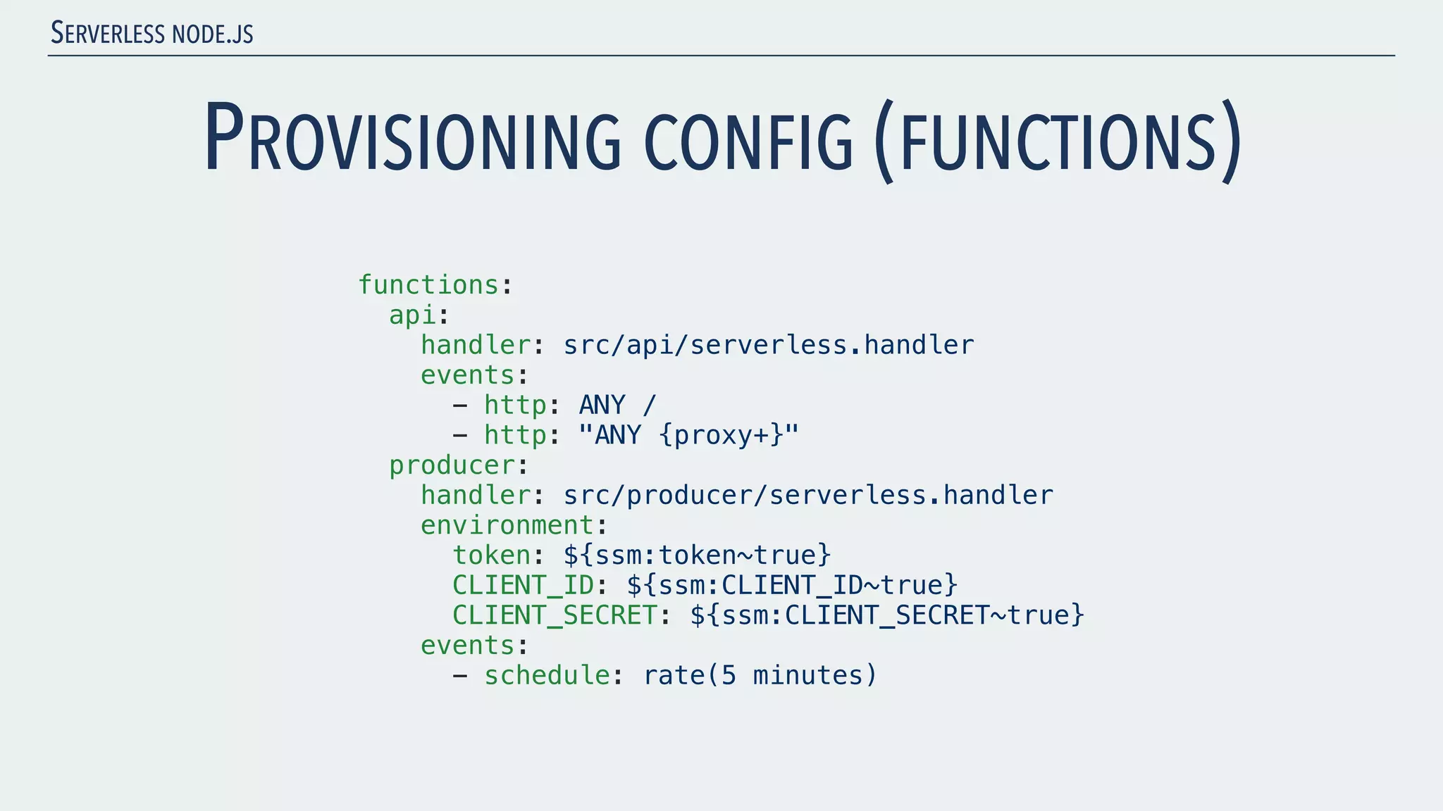 SERVERLESS NODE.JS PROVISIONING CONFIG (FUNCTIONS) functions: api: handler: src/api/serverless.handler events: - http: ANY / - http: "ANY {proxy+}" producer: handler: src/producer/serverless.handler environment: token: ${ssm:token~true} CLIENT_ID: ${ssm:CLIENT_ID~true} CLIENT_SECRET: ${ssm:CLIENT_SECRET~true} events: - schedule: rate(5 minutes) 
