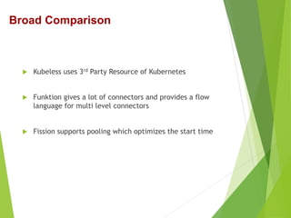  Kubeless uses 3rd Party Resource of Kubernetes
 Funktion gives a lot of connectors and provides a flow
language for multi level connectors
 Fission supports pooling which optimizes the start time
Broad Comparison
 