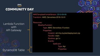 AWSTemplateFormatVersion: 2010-09-09
Transform: AWS::Serverless-2016-10-31
 
Resources:
WeatherFunction:
Type: AWS::Serverless::Function
Properties:
CodeUri: s3://my-bucket/deployment.zip
Handler: main
Runtime: go1.x
Events:
GetEvent:
Type: Api
Properties:
DynamoDB Table
Lambda Function
with
API Gateway
 