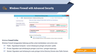Windows Firewall with Advanced Security
Windows Firewall Profiles
Windows Firewall menggunakan beberapa profiles untuk membedakan conn ection area :
▰ Public: Digunakaan komputer / server tehubung ke jaringan untrusted / publik.
▰ Private: Digunakan saat terhubung ke jaringan Local Area / jaringan terpercaya.
▰ Domain: Digunakan saat terhubung ke suatu jaringan Active Directory Domain atau Public Domain.
34Ridwan_G4
 