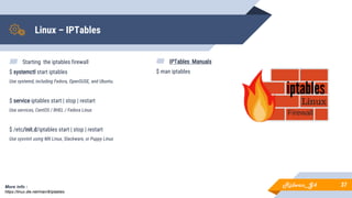 Linux – IPTables
▰ Starting the iptables firewall
$ systemctl start iptables
Use systemd, including Fedora, OpenSUSE, and Ubuntu.
$ service iptables start | stop | restart
Use services, CentOS / RHEL / Fedora Linux
$ /etc/init.d/iptables start | stop | restart
Use sysvinit using MX Linux, Slackware, or Puppy Linux
37More info :
https://linux.die.net/man/8/iptables
▰ IPTables Manuals
$ man iptables
Ridwan_G4
 