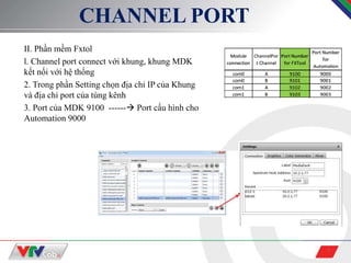 7
CHANNEL PORT
II. Phần mềm Fxtol
l. Channel port connect với khung, khung MDK
kết nối với hệ thống
2. Trong phần Setting chọn địa chỉ IP của Khung
và địa chỉ port của tùng kênh
3. Port của MDK 9100 ------ Port cấu hình cho
Automation 9000
 
