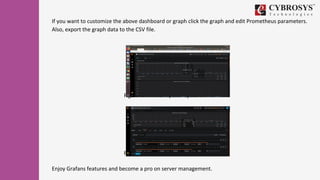 If you want to customize the above dashboard or graph click the graph and edit Prometheus parameters.
Also, export the graph data to the CSV file.
Fig 12. Dashboard panel options
Fig 13. Panel query editor
Enjoy Grafans features and become a pro on server management.
 