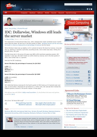 News & Blogs      Reviews     Downloads     Small Business                        Log In | Join | Site Assistance | Follow via


          US Edition               Companies      Hardware           Software      Mobile    Security          Research     Special Coverage




                                                                                                      Mobile
                                 All About Microsoft                                                  RSS
                                 Mary-Jo Foley
                                                                                                      Email Alerts



    Home / News & Blogs / All About Microsoft



    IDC: Dollarwise, Windows still leads
    the server market
    By Mary Jo Foley | March 2, 2011, 8:35am PST

    The researchers at International Data Corp. (IDC) released their latest worldwide server market
    share data this week. As was true in the last quarter of 2009,  Windows servers are far and away
    the leader in share as measured by of percentage of revenue, the firm found.
                                                                                                                          The best of ZDNet, delivered

    While Windows’ share was up slightly, to 42.1 percent of server OS share by revenue, Linux was
                                                                                                                            ZDNet Newsletters
    also up, reaching 17 percent in Q4 2010, according to IDC. Unix’s share was down, hitting 25.6
                                                                                                                            Get the best of ZDNet delivered straight to your
    percent share, IDC said.                                                                                                inbox

    The fast-rising star in the server OS space was IBM’s z/OS mainframe operating system, IDC
    reported. A year ago, IDC didn’t break out z/OS’s share by revenue, but in the last quarter of
    2010, that number was 11.3 percent.                                                                                       b
                                                                                                                              c
                                                                                                                              d
                                                                                                                              e
                                                                                                                              f
                                                                                                                              g ZDNet’s White Paper Membership
                                                                                                                                 Newsletter: Stay current with site news
    Here are the IDC breakouts:                                                                                                  and updates from White Papers

                                                                                                                              b
                                                                                                                              c
                                                                                                                              d
                                                                                                                              e
                                                                                                                              f
                                                                                                                              g ZDNet’s Must-Read News Alerts:
    Server OS share (by percentage of revenue) for Q4 2010                                                                       Breaking IT news as it happens

    z/OS 11.3
                                                                                                                                Subscribe Today
    Linux 17.0
    Windows 42.1
    Unix 25.6                                                                                                               Be a fan on Facebook

    Server OS share (by percentage of revenue)for Q4 2009                                                                   Follow us on Twitter

    z/OS (not available)                                                                                                    Watch us on YouTube
    Linux 14.7
    Windows 41.6                                                                                                            Download our Android app
    Unix 29.9
                                                                                                                            Download our iPhone app
    IDC noted that factory revenues for the fourth quarter of 2010 were up 15.3 percent year over
    year, to $15.0 billion. Shipments for Q4 2010 hit 2.1 million units. IDC said Q4 2010 marked the
    highest quarterly revenue in the server market in three years.

                                                                                                                           Sponsored Links
    Kick off your day with ZDNet's daily e-mail newsletter. It's the freshest tech news and opinion,
    served hot. Get it.                                                                                                      VMware Performance Issues
                                                                                                                             We All Have Them. Find & Fix w/
                                                                                                                             Performance Analyzer. Free Trial
                                                                                                                             www.VKernel.com/Performance

    More from “All About Microsoft”                                                                                          It Cloud Storage
                                                                                                                             Accelerating the arrival of Cloud
                          Microsoft brings back the            Does Apple's iPad 2 further dent                              computing that works for IT
                             'Blackbird' codename              Microsoft's iPad compete plans?                               www.Intel.co.uk/CloudComputing


                                                                                                                          Blogs From Our Sponsors
    Topics
                                                                                                                            The Over-Hype about Digital Books
    Revenue, IBM z/OS, International Data Corp., Servers, Microsoft Windows, Operating Systems,
    Operational Accounting, Utility Computing, Hardware, Software, Finance, Mary Jo Foley                                   Is It the Era of Electronic Signatures?
                                                                                                                            The Problems with Do Not Mail Lists
                                                                                                                            Greener by Mail or Electronically?
                       Mary Jo has covered the tech industry for more than 25 years for a variety of
                       publications and Web sites, and is a frequent guest on radio, TV and podcasts,
                       speaking about all things Microsoft-related. She is the author of Microsoft 2.0:
                       How Microsoft plans to stay relevant in the post-Gates era (John Wiley & Sons,
                       2008).                                                                                             Vendor Showcase
                          Full Bio Disclosure    Contact                                                                    TECH VISUALIZER Powered by Brocade




http://www.zdnet.com/blog/microsoft/idc-dollarwise-windows-still-leads-the-server-market/8825                                                                             Page 1 / 12
 