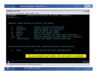 © 2014 IBM Corporation32
Back to the Basics: ServerPac 101
As you complete each option, the next option is available
 