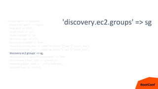 'cluster.name' => 'escluster',
'cloud.aws.region' => region,
'http.port' => 9200,
'script.inline' => 'on',
'script.indexed' => 'on',
'discovery.type' => 'ec2',
'bootstrap.mlockall' => 'true',
'cloud.aws.access_key' => node["es-cluster"]["aws"]["access_key"],
'cloud.aws.secret_key' => node["es-cluster"]["aws"]["secret_key"],
'discovery.ec2.groups' => sg,
'discovery.zen.ping.multicast.enabled' => 'false',
'discovery.ec2.host_type' => 'private_ip',
'network.publish_host' => '_ec2:privateIpv4_',
'network.host' => '0.0.0.0’,
'discovery.ec2.groups' => sg
 