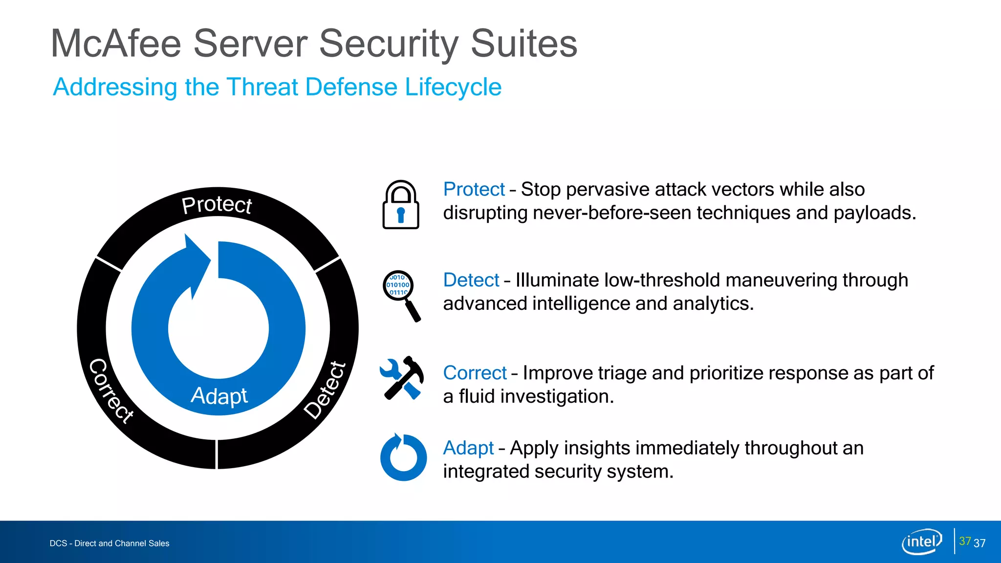 DCS – Direct and Channel Sales
McAfee Server Security Suites
Detect – Illuminate low-threshold maneuvering through
advanced intelligence and analytics.
Protect – Stop pervasive attack vectors while also
disrupting never-before-seen techniques and payloads.
Adapt – Apply insights immediately throughout an
integrated security system.
Correct – Improve triage and prioritize response as part of
a fluid investigation.
37 37
Addressing the Threat Defense Lifecycle
 