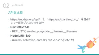 APIを比較
• https://nodejs.org/api/ と https://api.dartlang.org/ を目diﬀ
して一部気づいたものを抜粋
• Dartに無いもの
• REPL, TTY, smalloc,punycode,__dirname,__ﬁlename
• Nodeに無いもの
• mirrors, collection, coreのクラスいろいろ(Setとか)
vs NodeJS
02
 