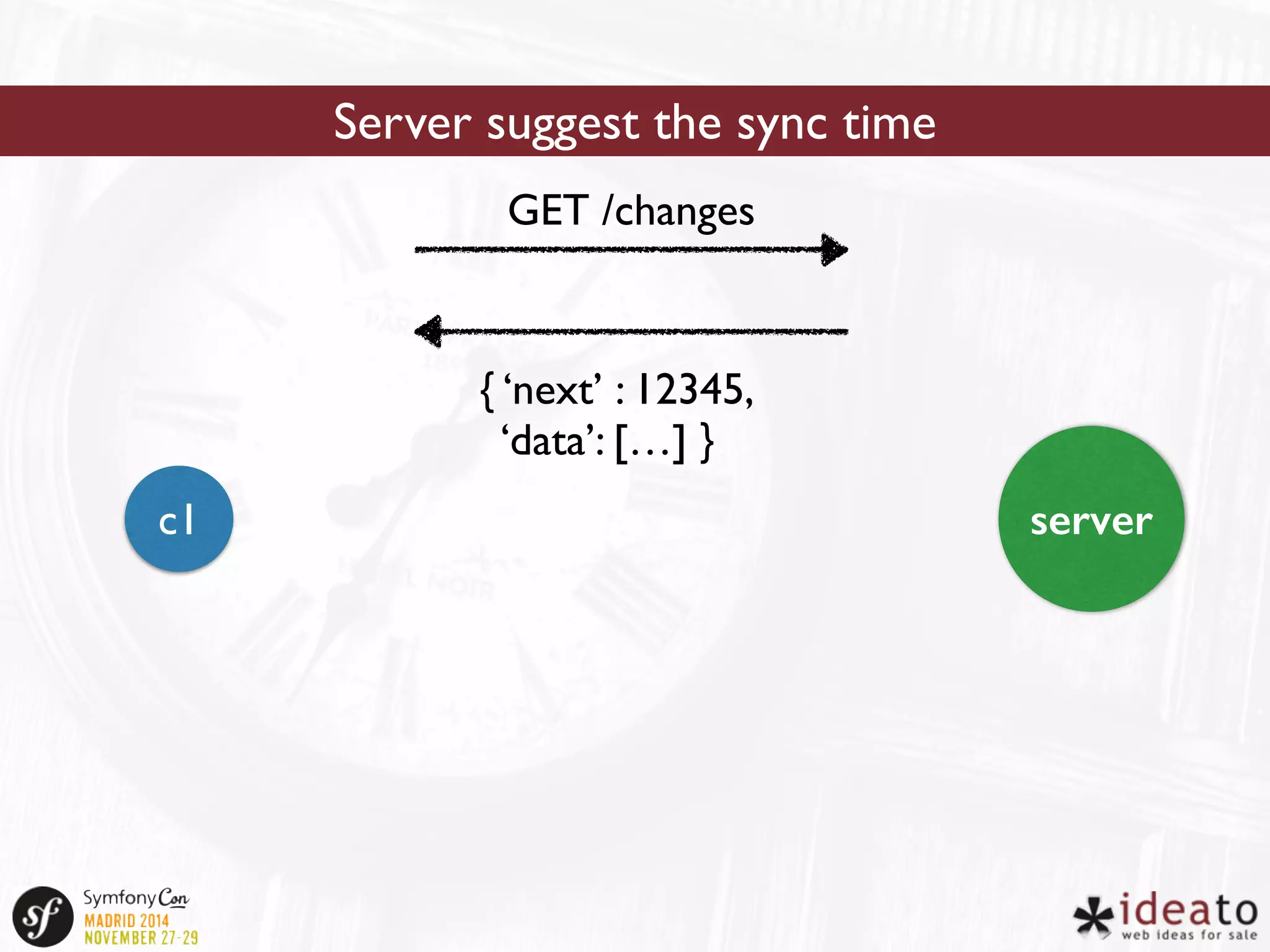 Server suggest the sync time 
GET /changes 
{ ‘next’ : 12345, 
‘data’: […] } 
c1 server 
 