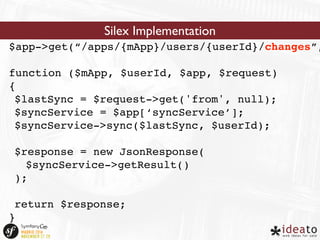 Silex Implementation 
$app->get(“/apps/{mApp}/users/{userId}/changes”, 
function ($mApp, $userId, $app, $request) 
{ 
$lastSync = $request->get('from', null); 
$syncService = $app[‘syncService’]; 
$syncService->sync($lastSync, $userId); 
$response = new JsonResponse( 
$syncService->getResult() 
); 
return $response; 
} 
 