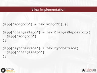 Silex Implementation 
$app['mongodb'] = new MongoDb(…); 
$app[‘changesRepo’] = new ChangesRepository( 
$app[‘mongodb’] 
); 
$app[‘syncService’] ? new SyncService( 
$app[‘changesRepo’] 
); 
 
