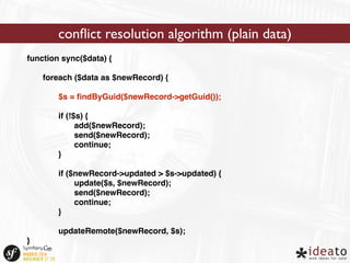 function sync($data) { 
foreach ($data as $newRecord) { 
$s = findByGuid($newRecord->getGuid()); 
if (!$s) { 
add($newRecord); 
send($newRecord); 
continue; 
} 
if ($newRecord->updated > $s->updated) { 
update($s, $newRecord); 
send($newRecord); 
continue; 
} 
updateRemote($newRecord, $s); 
} 
conflict resolution algorithm (plain data) 
 