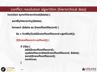conflict resolution algorithm (hierarchical data) 
function syncHierarchical($data) { 
sortByHierarchy($data); 
foreach ($data as $newRootRecord) { 
$s = findByGuid($newRootRecord->getGuid()); 
if($newRecord->isRoot()) { 
if (!$s) { 
add($newRootRecord); 
updateRecordIds($newRootRecord, $data); 
send($newRootRecord); 
continue; 
} 
… 
 