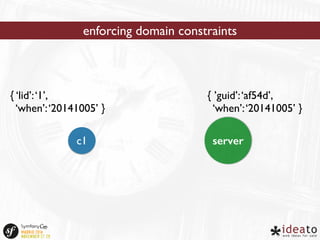 enforcing domain constraints 
{ ‘lid’: ‘1’, 
‘when’: ‘20141005’ } 
{ ’guid’: ‘af54d’, 
‘when’: ‘20141005’ } 
c1 server 
 