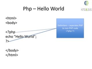 Php – Hello World
<html>
<body>
<?php
echo "Hello World";
?>
</body>
</html>
Delimiters – seperates PHP
to non-PHP code
<?php ?>
 