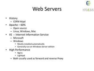 Web Servers
• History
– CERN httpd
• Apache – 60%
– Open source
– Linux, Windows, Mac
• IIS -- Internet Information Service
– Microsoft
– Windows
• Mostly installed automatically
• Generally run on Windows Server edition
• High Performance
• Nginx
• Lighttpd
– Both usually used as forward and reverse Proxy
 