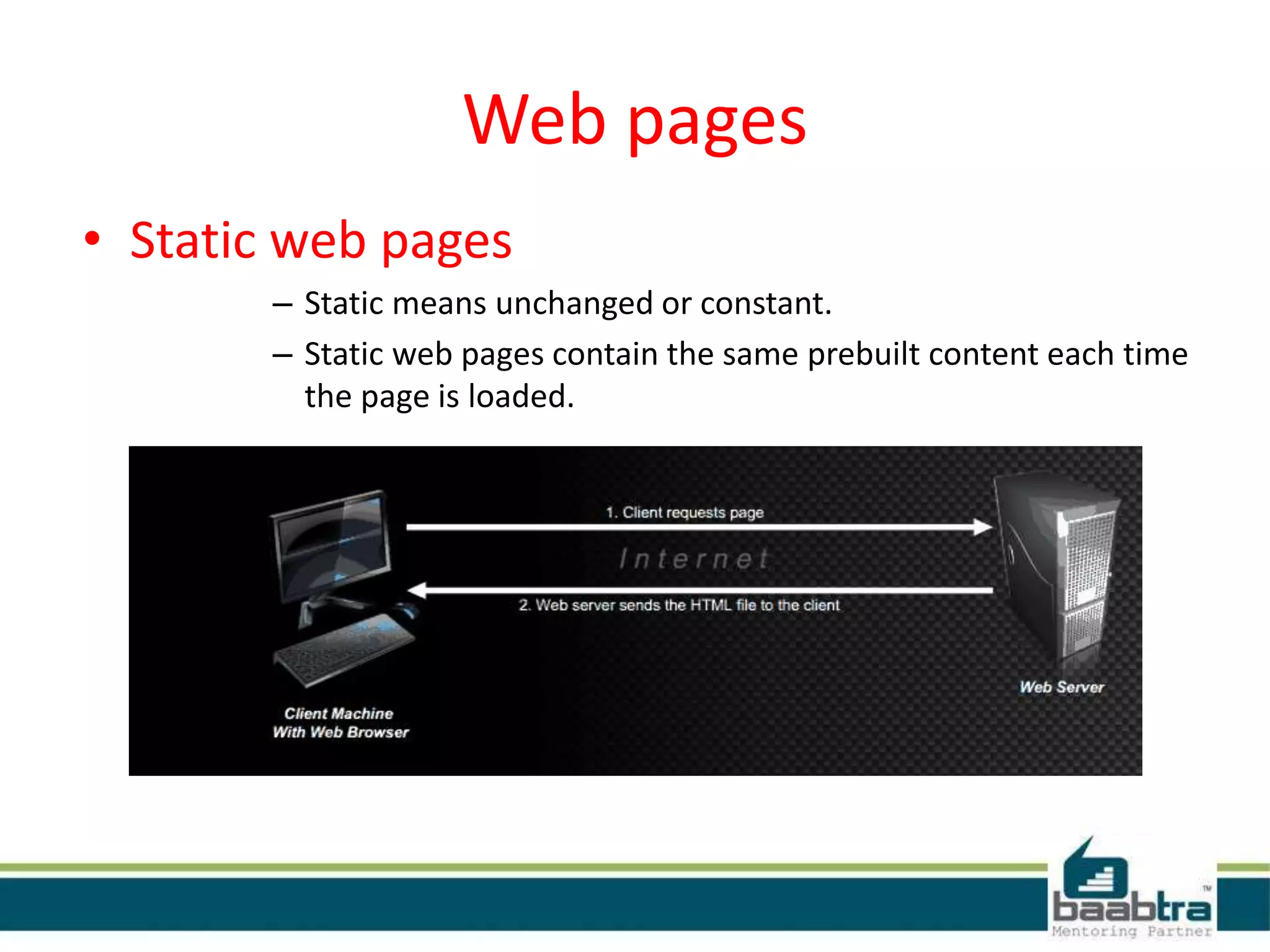 Web pages
• Static web pages
– Static means unchanged or constant.
– Static web pages contain the same prebuilt content each time
the page is loaded.
 