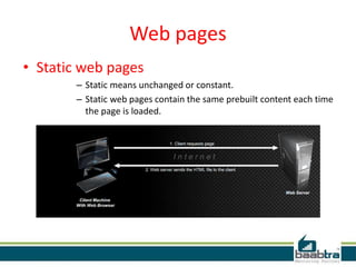 Web pages
• Static web pages
– Static means unchanged or constant.
– Static web pages contain the same prebuilt content each time
the page is loaded.
 
