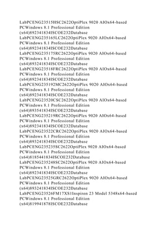 LabPCENG23515HSC2622OptiPlex 9020 AIOx64-based
PCWindows 8.1 Professional Edition
(x64)892341834ISCOE232Database
LabPCENG235165LC2622OptiPlex 9020 AIOx64-based
PCWindows 8.1 Professional Edition
(x64)892341834ISCOE232Database
LabPCENG235175RC2622OptiPlex 9020 AIOx64-based
PCWindows 8.1 Professional Edition
(x64)893241834ISCOE232Database
LabPCENG23518FRC2622OptiPlex 9020 AIOx64-based
PCWindows 8.1 Professional Edition
(x64)892341834ISCOE232Database
LabPCENG235192MC2622OptiPlex 9020 AIOx64-based
PCWindows 8.1 Professional Edition
(x64)892341834ISCOE232Database
LabPCENG23520CSC2622OptiPlex 9020 AIOx64-based
PCWindows 8.1 Professional Edition
(x64)893541834ISCOE232Database
LabPCENG235219RC2622OptiPlex 9020 AIOx64-based
PCWindows 8.1 Professional Edition
(x64)892341834ISCOE232Database
LabPCENG23522CRC2622OptiPlex 9020 AIOx64-based
PCWindows 8.1 Professional Edition
(x64)893241834ISCOE232Database
LabPCENG235235SC2622OptiPlex 9020 AIOx64-based
PCWindows 8.1 Professional Edition
(x64)8185441834ISCOE232Database
LabPCENG235248SC2622OptiPlex 9020 AIOx64-based
PCWindows 8.1 Professional Edition
(x64)892341834ISCOE232Database
LabPCENG23525GRC2622OptiPlex 9020 AIOx64-based
PCWindows 8.1 Professional Edition
(x64)893241834ISCOE232Database
LabPCENG23526FM17XS1Inspiron 23 Model 5348x64-based
PCWindows 8.1 Professional Edition
(x64)819941878ISCOE232Database
 