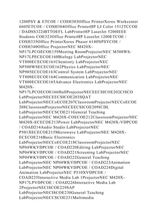 1200PSY & ETCOE / COSH303Office PrinterXerox Workcenter
6605ETCOE / COSH304Office PrinterHP LJ Color 1512TCCOE
/ DADSS322iBTTOEFL LabPrinterHP LaserJet 5200IEEE
Students COE323Office PrinterHP LaserJet 1200ETCOE /
COSH335Office PrinterXerox Phaser 6140NPSYCOE /
COSH340Office ProjectorNEC M420X-
NP17LPCOECOE159Meeting RoomProjectorNEC M300WS-
NP17LPECECOE160Biology LabProjectorNEC
VT800ECECOE161Chemistry LabProjectorNEC
NP500WSECECOE162Physics LabProjectorNEC
NP905ECECOE163Control System LabProjectorNEC
VT800ECECOE164Communication LabProjectorNEC
VT800ECECOE165Advance Electronics LabProjectorNEC
M420X-
NP17LPCOECOE166HallProjectorNECEECSICOE202CISCO
LabProjectorNECEECSICOE203SQAT
LabProjectorNECCoECOE207ClassroomProjectorNECCoECOE
208ClassroomProjectorNECEECSICOE209ICDL
LabProjectorNECCSCOE211General Teaching
LabProjectorNEC M420X-COECOE212ClassroomProjectorNEC
M420X-ECECOE213Power LabProjectorNEC M420X-VDPCOE
/ COAD214Audio Studio LabProjectorNEC
P501XECECOE215Microwave LabProjectorNEC M420X-
ECECOE216Basic Electronics
LabProjectorNECCoECOE218ClassroomProjectorNEC
NP04WKVDPCOE / COAD220Editing LabProjectorNEC
NP04WKVDPCOE / COAD221Screening LabProjectorNEC
NP04WKVDPCOE / COAD222General Teaching
LabProjectorNEC NP04WKVDPCOE / COAD223Animation
LabProjectorNEC NP04WKVDPCOE / COAD224Digital
Animation LabProjectorNEC P510XVDPCOE /
COAD225Interactive Media Lab 1ProjectorNEC M420X-
NP17LPVDPCOE / COAD226Interactive Media Lab
2ProjectorNECISCOE229SAP
LabProjectorNECISCOE230General Teaching
LabProjectorNECCSCOE231Multimedia
 