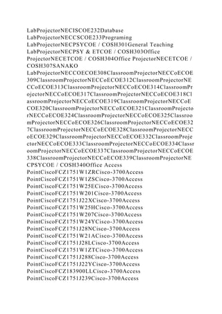 LabProjectorNECISCOE232Database
LabProjectorNECCSCOE233Programing
LabProjectorNECPSYCOE / COSH301General Teaching
LabProjectorNECPSY & ETCOE / COSH303Office
ProjectorNECETCOE / COSH304Office ProjectorNECETCOE /
COSH307SANAKO
LabProjectorNECCOECOE308ClassroomProjectorNECCoECOE
309ClassroomProjectorNECCoECOE312ClassroomProjectorNE
CCoECOE313ClassroomProjectorNECCoECOE314ClassroomPr
ojectorNECCoECOE317ClassroomProjectorNECCoECOE318Cl
assroomProjectorNECCoECOE319ClassroomProjectorNECCoE
COE320ClassroomProjectorNECCoECOE321ClassroomProjecto
rNECCoECOE324ClassroomProjectorNECCoECOE325Classroo
mProjectorNECCoECOE326ClassroomProjectorNECCoECOE32
7ClassroomProjectorNECCoECOE328ClassroomProjectorNECC
oECOE329ClassroomProjectorNECCoECOE332ClassroomProje
ctorNECCoECOE333ClassroomProjectorNECCoECOE334Classr
oomProjectorNECCoECOE337ClassroomProjectorNECCoECOE
338ClassroomProjectorNECCoECOE339ClassroomProjectorNE
CPSYCOE / COSH340Office Access
PointCiscoFCZ1751W1ZRCisco-3700Access
PointCiscoFCZ1751W1ZSCisco-3700Access
PointCiscoFCZ1751W25ECisco-3700Access
PointCiscoFCZ1751W201Cisco-3700Access
PointCiscoFCZ1751J22XCisco-3700Access
PointCiscoFCZ1751W25HCisco-3700Access
PointCiscoFCZ1751W207Cisco-3700Access
PointCiscoFCZ1751W24YCisco-3700Access
PointCiscoFCZ1751J28NCisco-3700Access
PointCiscoFCZ1751W21ACisco-3700Access
PointCiscoFCZ1751J28LCisco-3700Access
PointCiscoFCZ1751W1ZTCisco-3700Access
PointCiscoFCZ1751J288Cisco-3700Access
PointCiscoFCZ1751J22YCisco-3700Access
PointCiscoFCZ183900LLCisco-3700Access
PointCiscoFCZ1751J239Cisco-3700Access
 