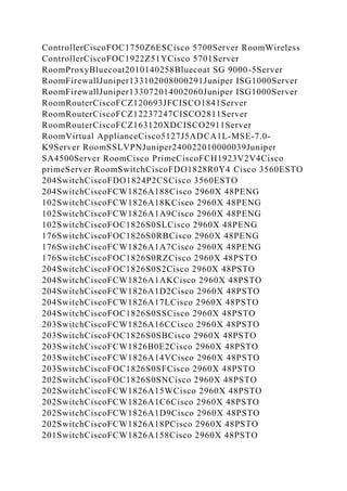 ControllerCiscoFOC1750Z6ESCisco 5700Server RoomWireless
ControllerCiscoFOC1922Z51YCisco 5701Server
RoomProxyBluecoat2010140258Bluecoat SG 9000-5Server
RoomFirewallJuniper133102008000291Juniper ISG1000Server
RoomFirewallJuniper133072014002060Juniper ISG1000Server
RoomRouterCiscoFCZ120693JFCISCO1841Server
RoomRouterCiscoFCZ12237247CISCO2811Server
RoomRouterCiscoFCZ163120XDCISCO2911Server
RoomVirtual ApplianceCisco5127J5ADCA1L-MSE-7.0-
K9Server RoomSSLVPNJuniper240022010000039Juniper
SA4500Server RoomCisco PrimeCiscoFCH1923V2V4Cisco
primeServer RoomSwitchCiscoFDO1828R0Y4 Cisco 3560ESTO
204SwitchCiscoFDO1824P2CSCisco 3560ESTO
204SwitchCiscoFCW1826A188Cisco 2960X 48PENG
102SwitchCiscoFCW1826A18KCisco 2960X 48PENG
102SwitchCiscoFCW1826A1A9Cisco 2960X 48PENG
102SwitchCiscoFOC1826S0SLCisco 2960X 48PENG
176SwitchCiscoFOC1826S0RBCisco 2960X 48PENG
176SwitchCiscoFCW1826A1A7Cisco 2960X 48PENG
176SwitchCiscoFOC1826S0RZCisco 2960X 48PSTO
204SwitchCiscoFOC1826S0S2Cisco 2960X 48PSTO
204SwitchCiscoFCW1826A1AKCisco 2960X 48PSTO
204SwitchCiscoFCW1826A1D2Cisco 2960X 48PSTO
204SwitchCiscoFCW1826A17LCisco 2960X 48PSTO
204SwitchCiscoFOC1826S0SSCisco 2960X 48PSTO
203SwitchCiscoFCW1826A16CCisco 2960X 48PSTO
203SwitchCiscoFOC1826S0SBCisco 2960X 48PSTO
203SwitchCiscoFCW1826B0E2Cisco 2960X 48PSTO
203SwitchCiscoFCW1826A14VCisco 2960X 48PSTO
203SwitchCiscoFOC1826S0SFCisco 2960X 48PSTO
202SwitchCiscoFOC1826S0SNCisco 2960X 48PSTO
202SwitchCiscoFCW1826A15WCisco 2960X 48PSTO
202SwitchCiscoFCW1826A1C6Cisco 2960X 48PSTO
202SwitchCiscoFCW1826A1D9Cisco 2960X 48PSTO
202SwitchCiscoFCW1826A18PCisco 2960X 48PSTO
201SwitchCiscoFCW1826A158Cisco 2960X 48PSTO
 