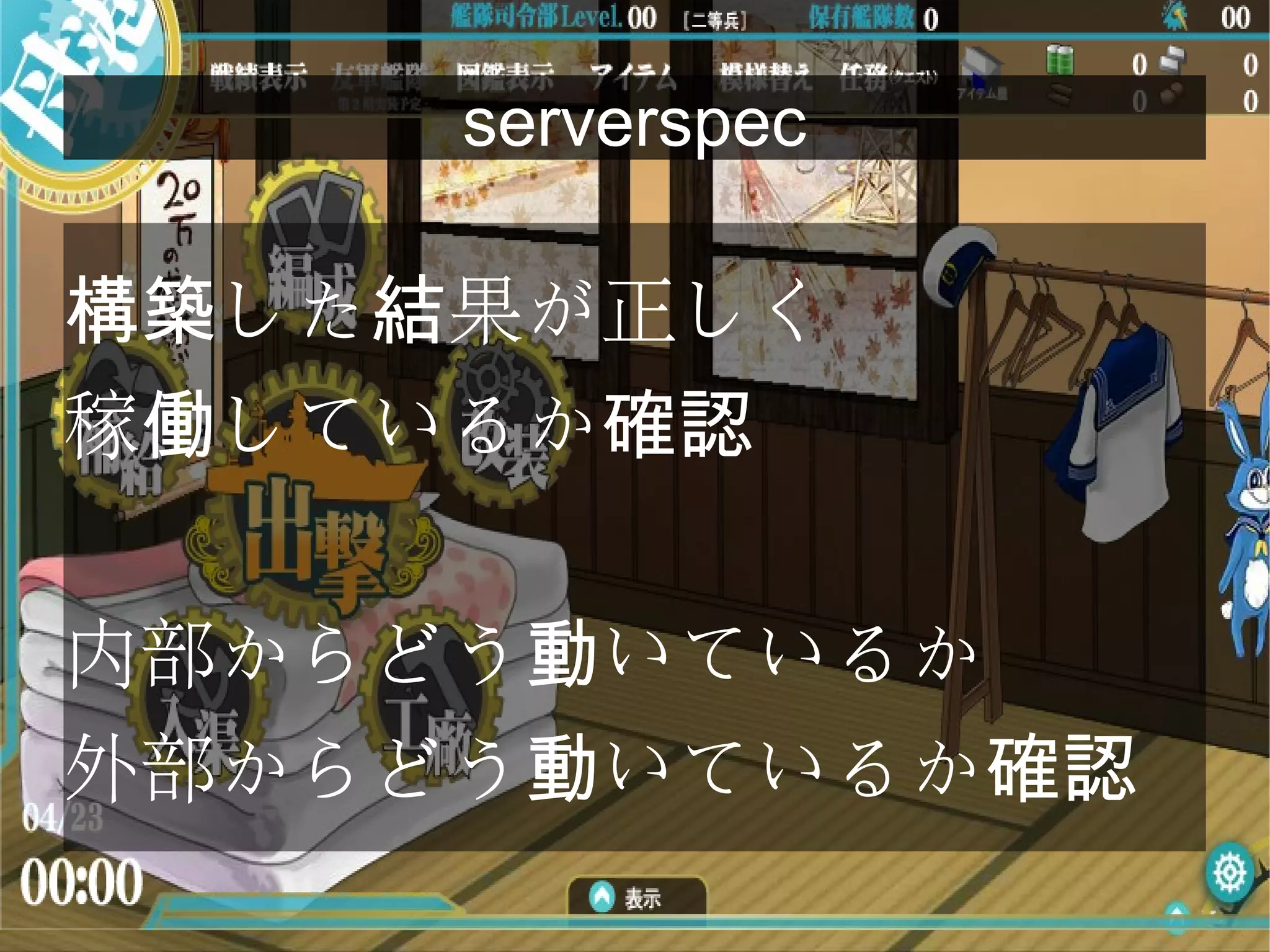 serverspec
した 果が正しく構築 結
稼 しているか働 確認
内部からどう いているか動
外部からどう いているか動 確認
 