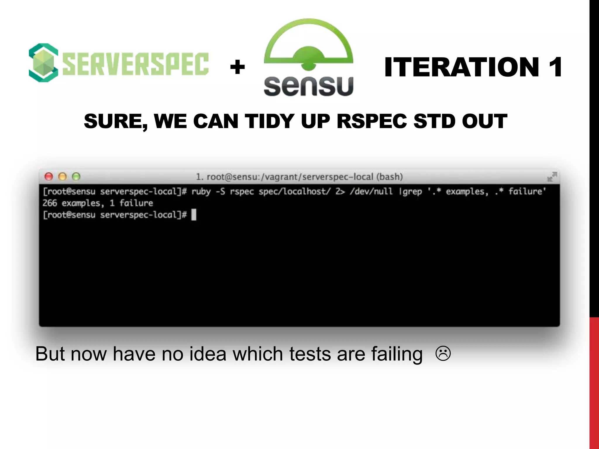 ITERATION 1+
SURE, WE CAN TIDY UP RSPEC STD OUT
But now have no idea which tests are failing 