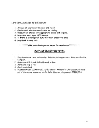 20
NOW YOU ARE READY TO CHECK OUT!!
1. Arrange all your money in order and faced.
2. Credit cards slip must match total on reading.
3. Discounts all stapled with appropriate copies and coupons.
4. Drop total must equal NET Deposit
5. If there is a manager on duty they must check your drop
6. Drop bank in drop safe.
*********ANY bank shortages are terms for termination***********
EXPO RESPONSIBILITIES
1. Keep the window clean, and running. Maintain plate appearance. Make sure food is
being ran.
2. Make sure all 4 o’clock shift side work is done.
3. Make sure soup is full.
4. Check pop in back
5. BE IN CHARGE! COMMUNICATE WITH FOH AND BOH! Only you can pull food
out of the window unless you ask for help. Make sure is goes out CORRECTLY.
 