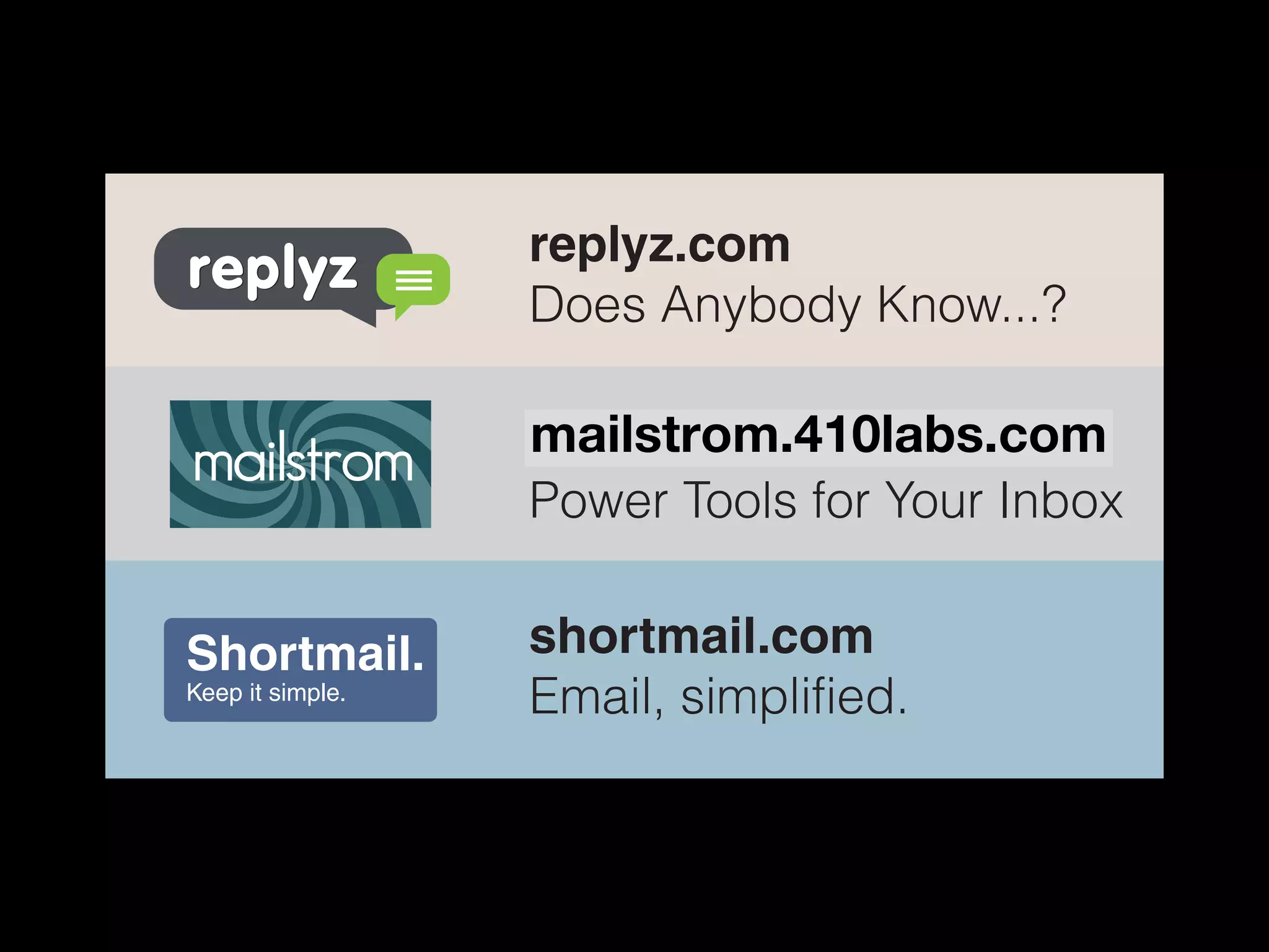 replyz.com
Does Anybody Know...?

mailstrom.co
mailstrom.410labs.com
Power Tools for Your Inbox

shortmail.com
Email, simplified.
 