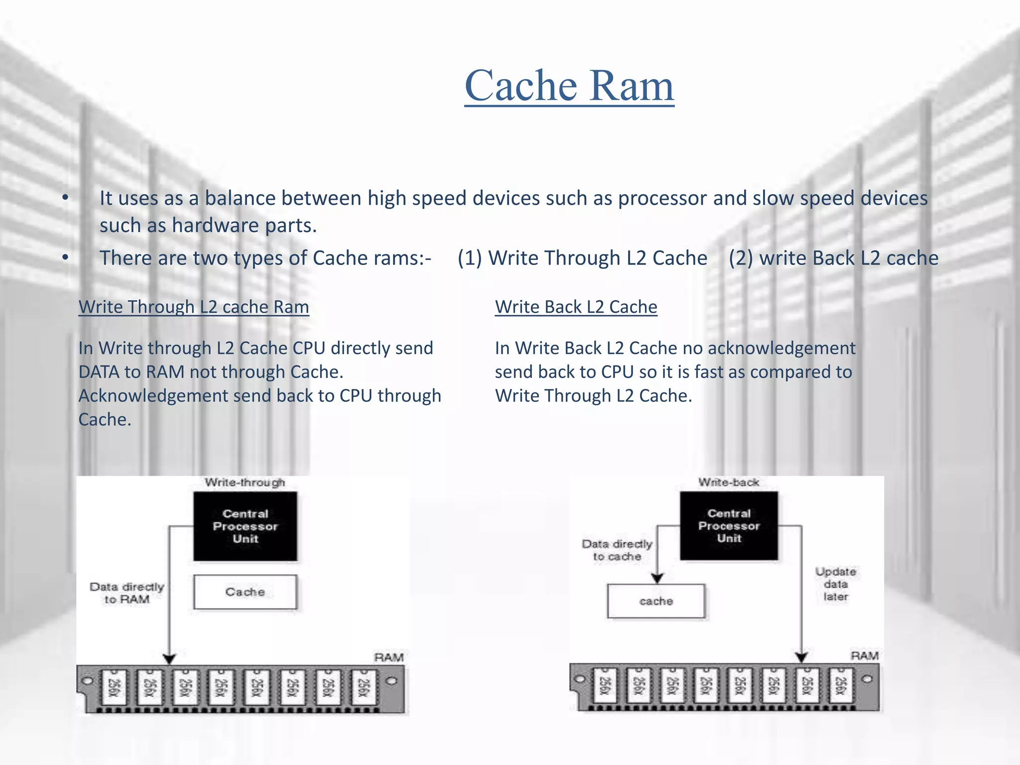Cache Ram
• It uses as a balance between high speed devices such as processor and slow speed devices
such as hardware parts.
• There are two types of Cache rams:- (1) Write Through L2 Cache (2) write Back L2 cache
Write Through L2 cache Ram Write Back L2 Cache
In Write through L2 Cache CPU directly send
DATA to RAM not through Cache.
Acknowledgement send back to CPU through
Cache.
In Write Back L2 Cache no acknowledgement
send back to CPU so it is fast as compared to
Write Through L2 Cache.
 