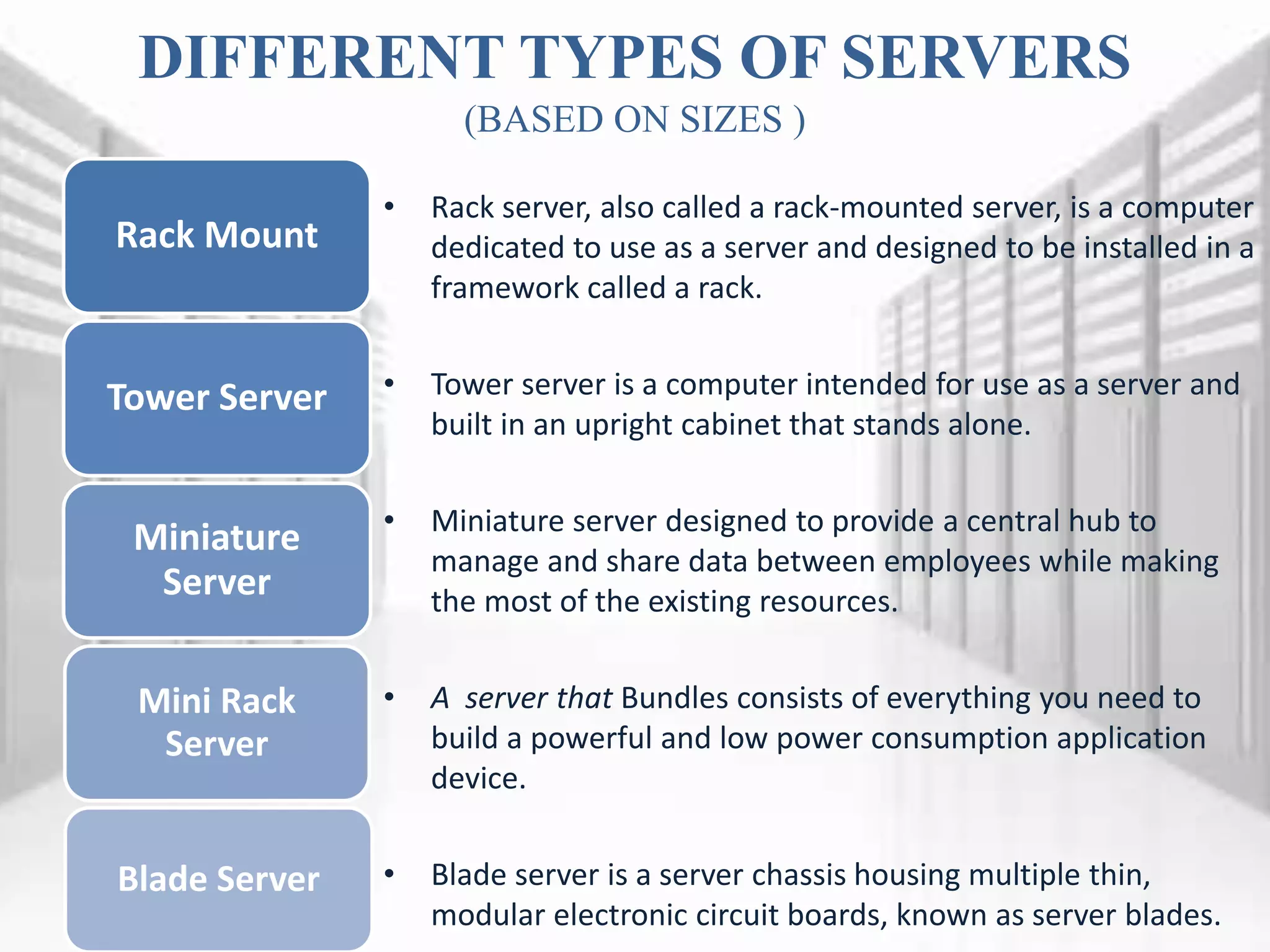 DIFFERENT TYPES OF SERVERS
(BASED ON SIZES )
Rack Mount
Tower Server
Miniature
Server
Mini Rack
Server
Blade Server
• Rack server, also called a rack-mounted server, is a computer
dedicated to use as a server and designed to be installed in a
framework called a rack.
• Tower server is a computer intended for use as a server and
built in an upright cabinet that stands alone.
• Miniature server designed to provide a central hub to
manage and share data between employees while making
the most of the existing resources.
• A server that Bundles consists of everything you need to
build a powerful and low power consumption application
device.
• Blade server is a server chassis housing multiple thin,
modular electronic circuit boards, known as server blades.
 