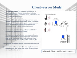 Client–Server Model
• The client/server model is a computing model that acts as
distributed application which partitions tasks or workloads
between the providers of a resource or service, called servers, and
service requesters, called clients.
• A server machine is a host that is running one or more server
programs which share their resources with clients. A client does
not share any of its resources, but requests a server's content or
service function. Clients therefore initiate communication
sessions with servers which await incoming requests.
• Functions such as email exchange, web access and database
access are built on the client/server model.
• The client–server model has become one of the central ideas of
network computing. Many business applications being written
today use the client–server model, as do the Internet's main
application protocols, such as HTTP, SMTP, Telnet, and DNS.
Types of Clients - include web browsers, email clients, and online chat
clients.
Types of servers include web servers, ftp servers, application servers,
database servers, name servers, mail servers, file servers, print
servers, and terminal servers
Schematic Clients and Server Interaction
 