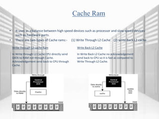 Cache Ram
• It uses as a balance between high speed devices such as processor and slow speed devices
such as hardware parts.
• There are two types of Cache rams:- (1) Write Through L2 Cache (2) write Back L2 cache
Write Through L2 cache Ram Write Back L2 Cache
In Write through L2 Cache CPU directly send
DATA to RAM not through Cache.
Acknowledgement send back to CPU through
Cache.
In Write Back L2 Cache no acknowledgement
send back to CPU so it is fast as compared to
Write Through L2 Cache.
 