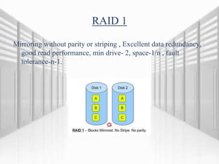 RAID 1
Mirroring without parity or striping , Excellent data redundancy,
good read performance, min drive- 2, space-1/n , fault
tolerance-n-1.
 