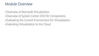 Module Overview
• Overview of Microsoft Virtualization
• Overview of System Center 2012 R2 Components
• Evaluating the Current Environment for Virtualization
• Extending Virtualization to the Cloud
 