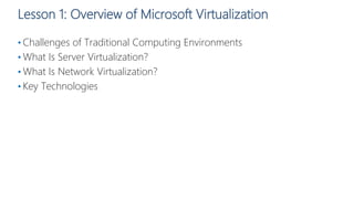 Lesson 1: Overview of Microsoft Virtualization
• Challenges of Traditional Computing Environments
• What Is Server Virtualization?
• What Is Network Virtualization?
• Key Technologies
 