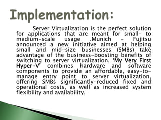 Fewer servers to manage and recover/restoreReduces costsServer VMs are hardware independentCan be restored to other platforms No need to match primary site and secondary site hardwareVMs are encapsulatedFasterCan be replicated between sitesNo need for bare-metal installsDisaster Recovery