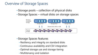 Overview of Storage Spaces
• Storage pools – collection of physical disks
• Storage Spaces – virtual disks on storage spaces
• Storage Spaces features
• Resiliency and integrity on standard disks
• Continuous availability and CSV integration
• Optimal storage use and storage tiering
• Multitenancy and isolation
Windows
virtualized
storage
Physical
storage
(Shared) SAS, SATA or USB
Storage Pool
Storage
Spaces
Storage Pool
Storage
Spaces
Storage Pool
Storage
Spaces
 
