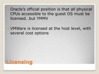 Thin ProvisioningAllows over allocation of resourcesIncreases storage provisioningManagement console allows for easy management of this along with SAN.