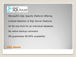 Licensing	Oracle’s official position is that all physical CPUs accessible to the guest OS must be licensed…but YMMVVMWare is licensed at the host level, with several cost options