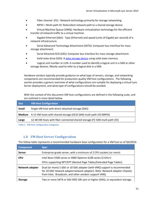 Server Virtualization in Microsoft Lync Server 2010


         •        Fiber channel (FC) : Network technology primarily for storage networking.
         •        MPIO = Multi-path IO: Redundant network path to a shared storage device.
         •         Virtual Machine Queue (VMQ): Hardware virtualization technology for the efficient
             transfer of network traffic to a virtual machine.
         •       Gigabit Ethernet (GbE): Type (Ethernet) and speed (units of Gigabit per second) of a
             network infrastructure.
         •        Serial Advanced Technology Attachment (SATA): Computer bus interface for mass
             storage attachment.
         •        Serial Attached SCSI (SAS): Computer bus interface for mass storage attachment.
         •        Solid state drive (SSD): A data storage device using solid-state memory.
         •        Logical unit number or LUN: A number used to identify a logical unit in a SAN or other
             storage devices. Mostly used to refer to a logical disk in a SAN.


       Hardware vendors typically provide guidance on what type of servers, storage, and networking
       components are recommended for production-quality VM host configurations. The following
       section provides a generic overview of what configurations are suitable for deploying a virtual Lync
       Server deployment, and what type of configurations should be avoided.


       With the context of this document VM host configurations are defined in the following scale, and
       are outlined in more detail below
Size         VM Host Configuration
Small        Single VM host with direct attached storage (DAS)

Medium 4-12 VM hosts with shared storage (iSCSI SAN) multi path I/O (MPIO)
Large        12-48 VM hosts with fiber connected shared storage (FC SAN multi path I/O)
Table 2 VM host configuration categories




       1.8 VM Host Server Configuration
The follow table represents a recommended hardware base configuration for a VM host as of Q4/2010.
Component              Spec
Server                 Enterprise-grade server, with a minimum of 2 CPU sockets (or more)
CPU                    Intel Xeon 5500 series or AMD Opteron 6100 series (2 GHz+)
                       CPUs supporting NPT/EPT (Nested Page Tables/Extended Page Tables)
Network adapter        Dual (or more) 1 GbE or 10 GbE adapter (with VMQ support is recommended
                       for 10 GbE network adapternetwork adapter). Note: Network adapter chipsets
                       from Intel, Broadcom, and other vendors support VMQ.
Storage                Two or more SATA or SAS HDD 10k rpm or higher (DAS), or equivalent storage,


                                                                                                             11
 