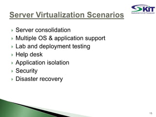  Server consolidation
 Multiple OS & application support
 Lab and deployment testing
 Help desk
 Application isolation
 Security
 Disaster recovery
15
 