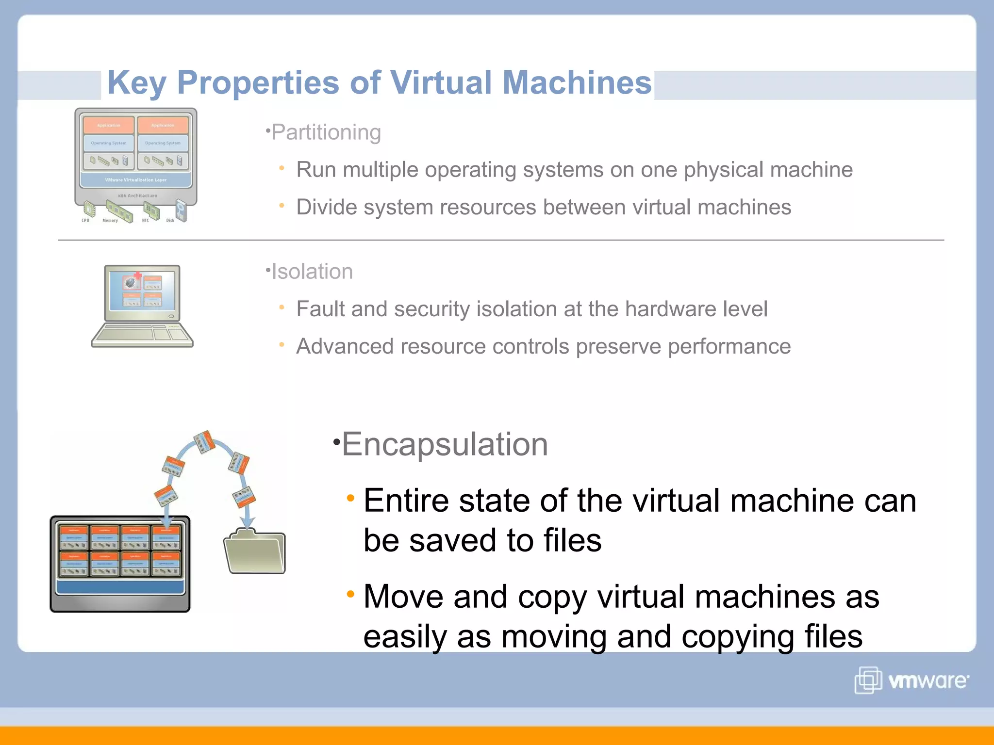 Key Properties of Virtual Machines
         •Partitioning

             Run multiple operating systems on one physical machine
             Divide system resources between virtual machines

         •Isolation

             Fault and security isolation at the hardware level
             Advanced resource controls preserve performance



                 •Encapsulation

                    Entire state of the virtual machine can
                      be saved to files
                    Move    and copy virtual machines as
                      easily as moving and copying files
 