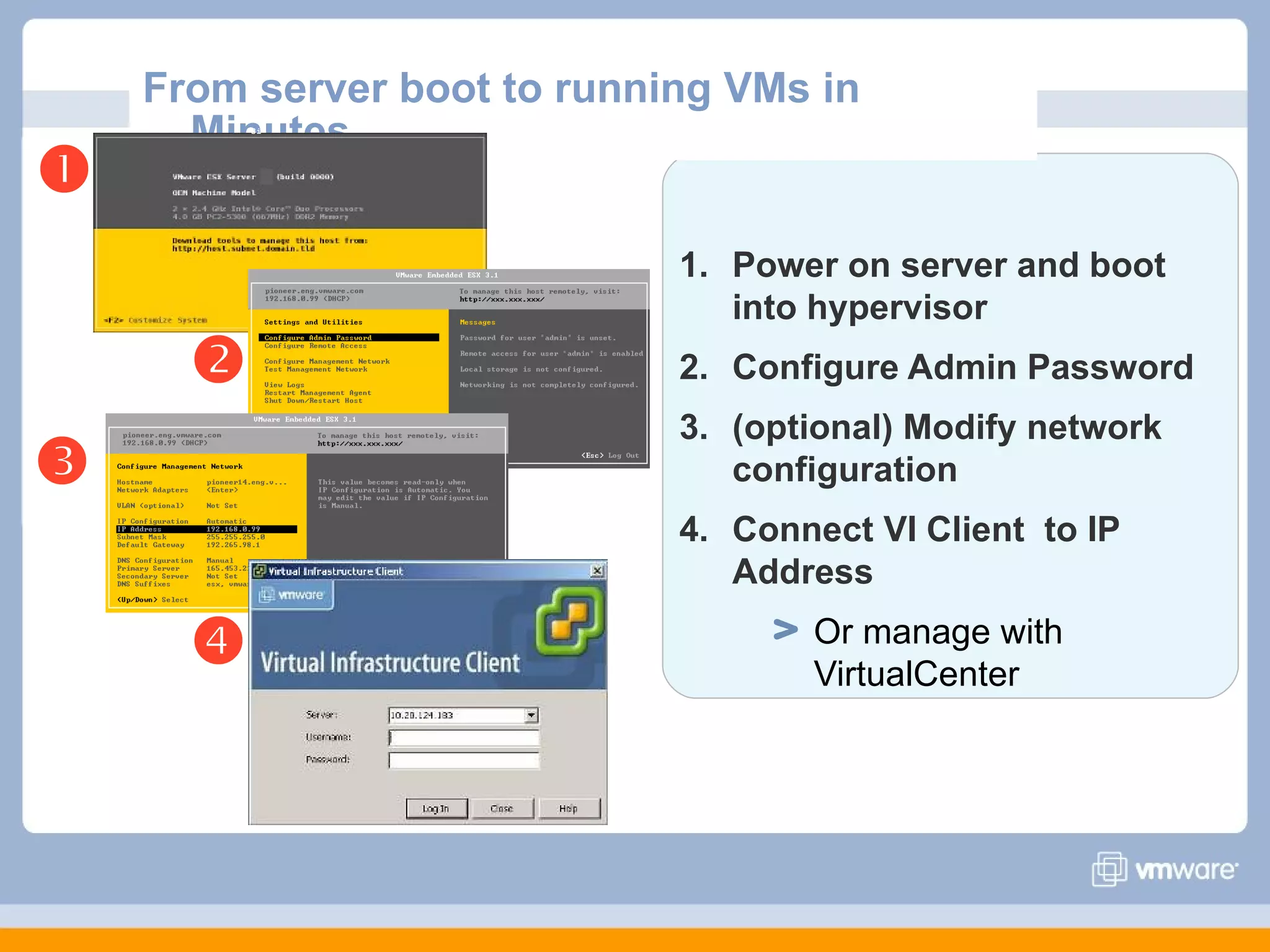 From server boot to running VMs in
      Minutes
          3i





                             1. Power on server and boot
                                into hypervisor
                            2. Configure Admin Password
                             3. (optional) Modify network
                               configuration
                             4. Connect VI Client to IP
                                Address

                                   Or manage with
                                    VirtualCenter
 